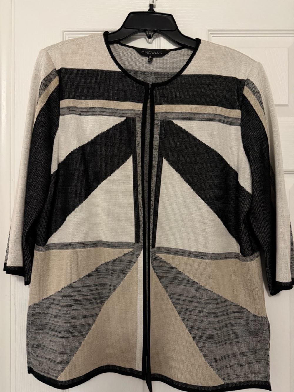 Ming Wang Black, Beige & White Geometric Open Cardigan